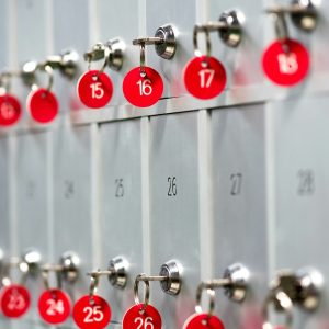 Rows of keys in safety deposit boxes